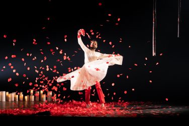An image of a dancer dressed in white and surrounded by red petals.
