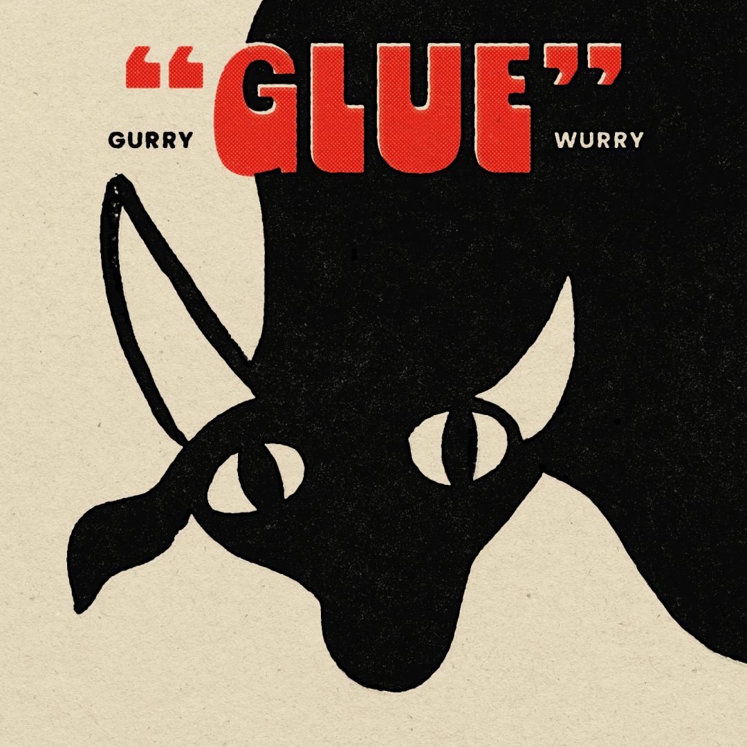 The cover art for the Gurry Wurry album 'Glue'. Set against a textured, off-white background, a large black silhouette of an animal's head, resembling a cow or a bull, dominates the frame. The animal has distinct horns or ears and stark white, almond-shaped eyes with vertical pupils. Above it, the word "GLUE" is printed in large, bold, textured red capital letters enclosed in quotation marks. The artist's name, "GURRY WURRY", flanks the title in smaller black text.jpg].