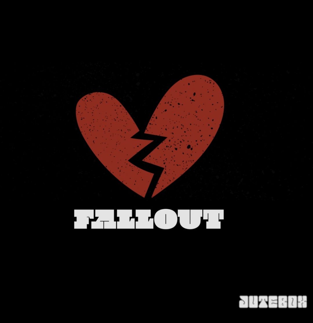 The cover art for 'Fallout' by Jutebox. Set against a black background with a subtle, distressed speckle texture, there is a large, deep red heart split down the middle by a jagged crack. Below the heart, the track title 'FALLOUT' is written in a bold, white, block-style serif font. In the bottom right corner, the band name 'JUTEBOX' is displayed in a smaller, pale grey bubble font.