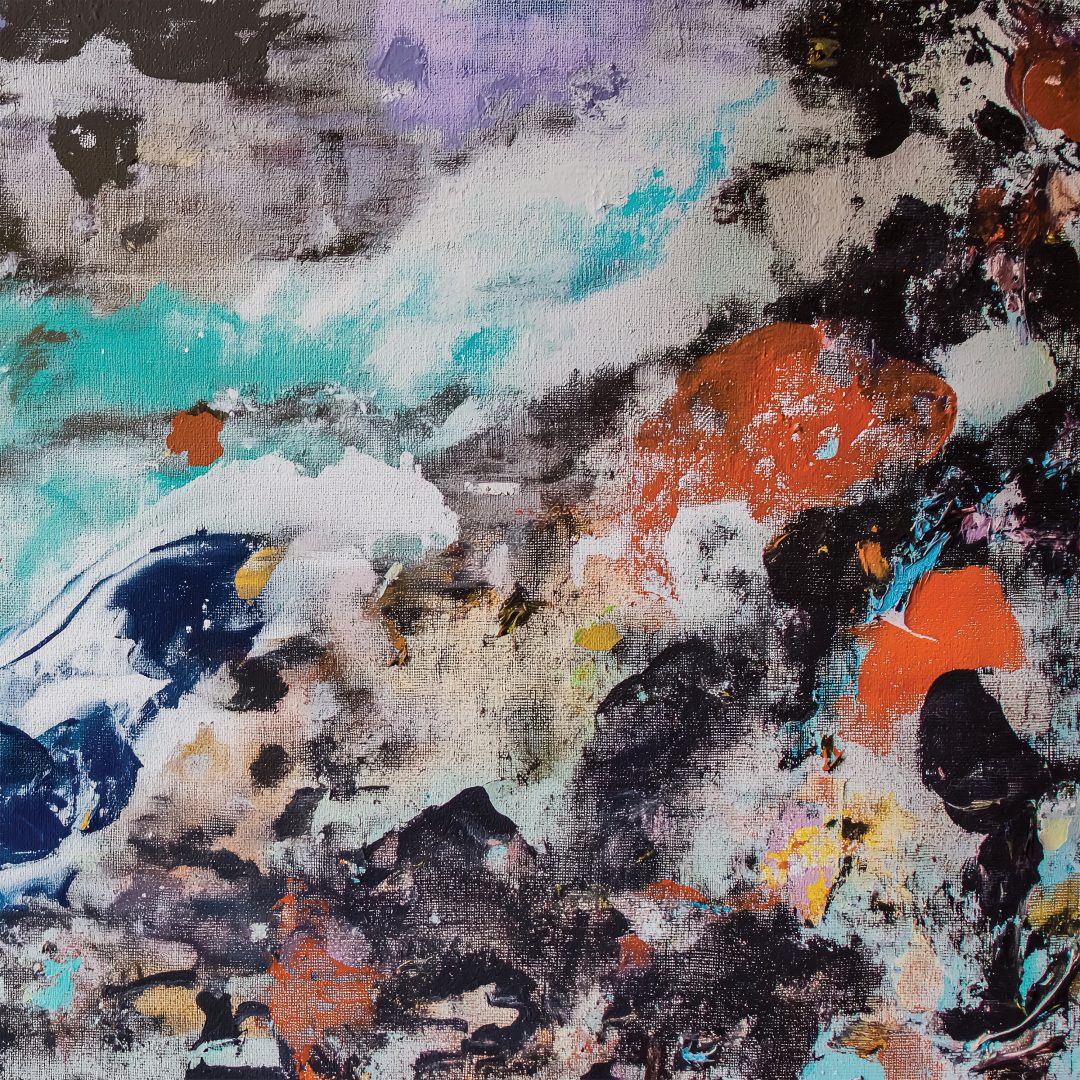 The cover art for SHHE's 'THALASSA'. It is an abstract, heavily textured painting featuring a chaotic mix of black, white, grey, vibrant turquoise, and rust orange paint.