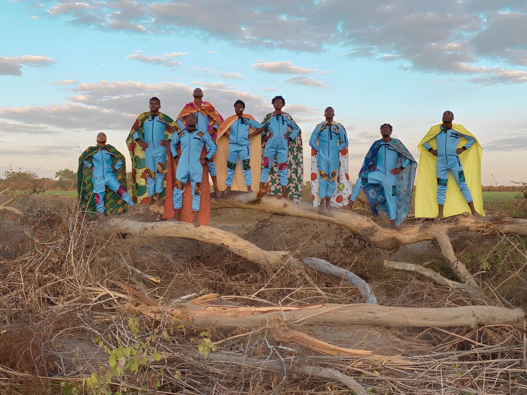 A group of nine performers in matching light blue jumpsuits and vibrant, patterned superhero-style capes posing triumphantly in a row on a large, fallen tree trunk. The scene is set outdoors in a rural landscape under a soft sky.
