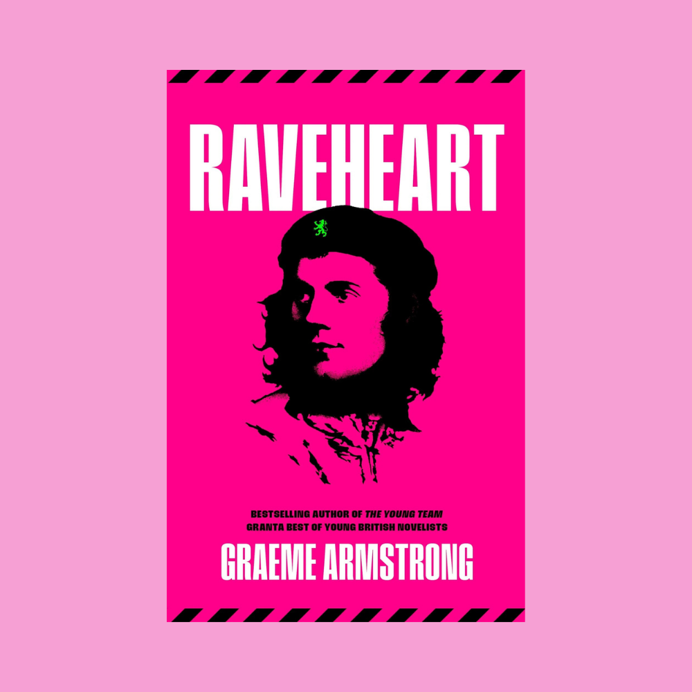Book cover for Raveheart by Graeme Armstrong, featuring a pink and black design with a silhouette portrait and text highlighting his bestselling work.