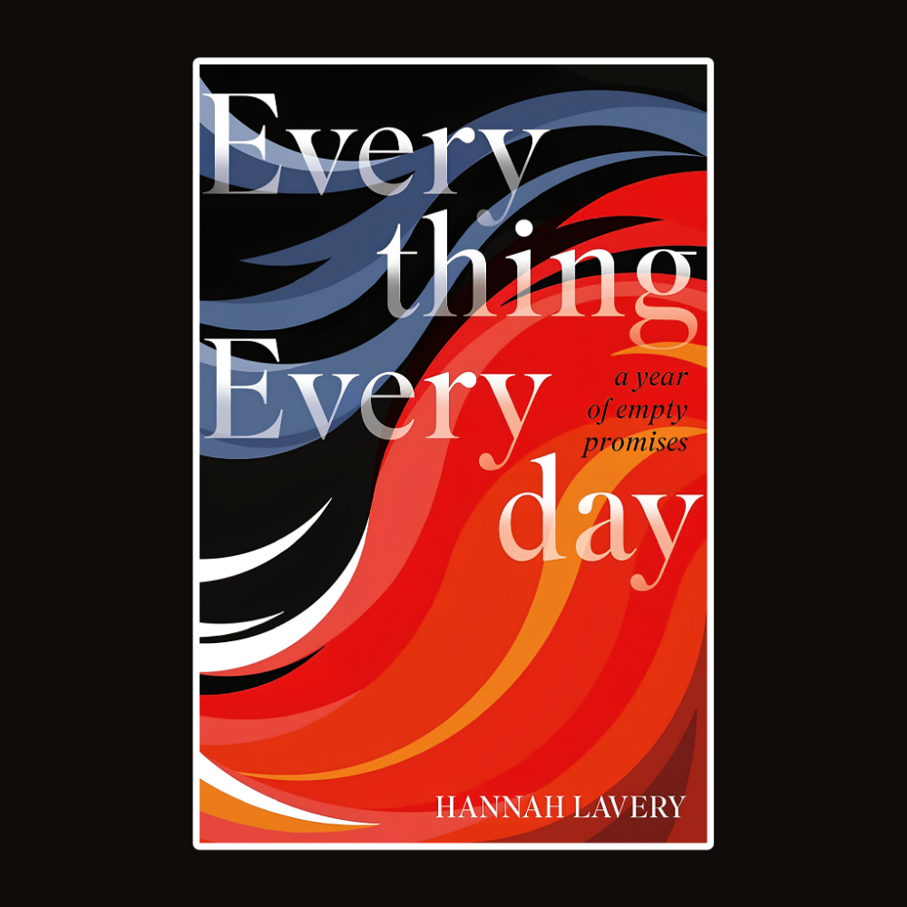 Book cover for Every Thing Every Day by Hannah Lavery, featuring abstract flowing shapes in black, red, and blue with white text.