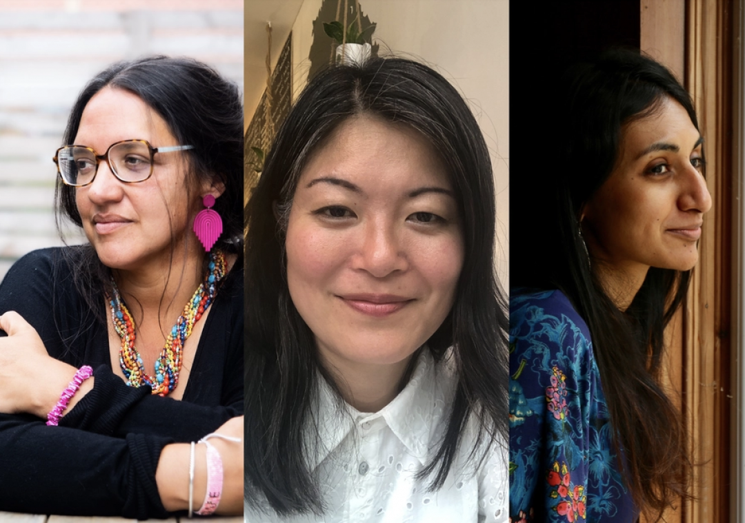 Three portraits side-by-side: Hannah Lavery wearing glasses and a dark top with colorful bead necklaces; Jennifer Wong with dark shoulder-length hair and a white collared shirt; Nidhi Zak/Aria Eipe with long dark hair and a blue patterned top looking towards a window.