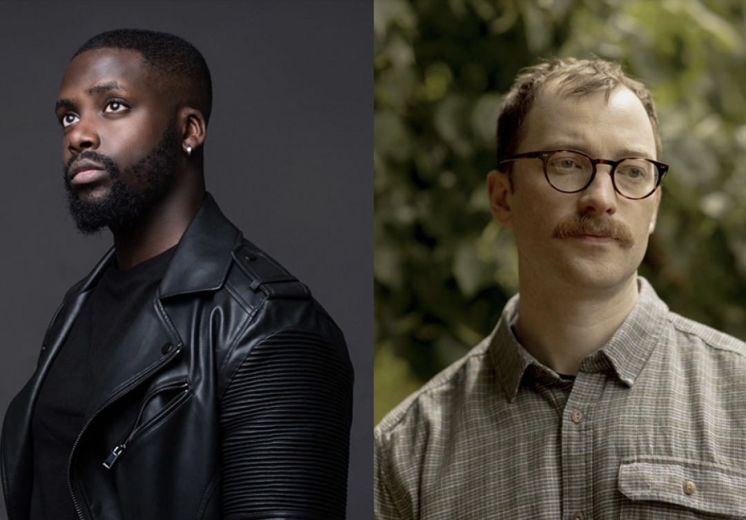 Derek Owusu on the left wearing a black leather jacket and T-shirt against a dark background, alongside Jem Calder on the right with glasses and a plaid shirt outdoors among greenery.