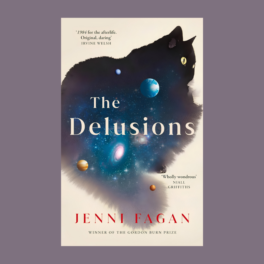 Book cover for The Delusions by Jenni Fagan, featuring a dark watercolor silhouette of a cat containing a starry galaxy, planets, and the book title.
