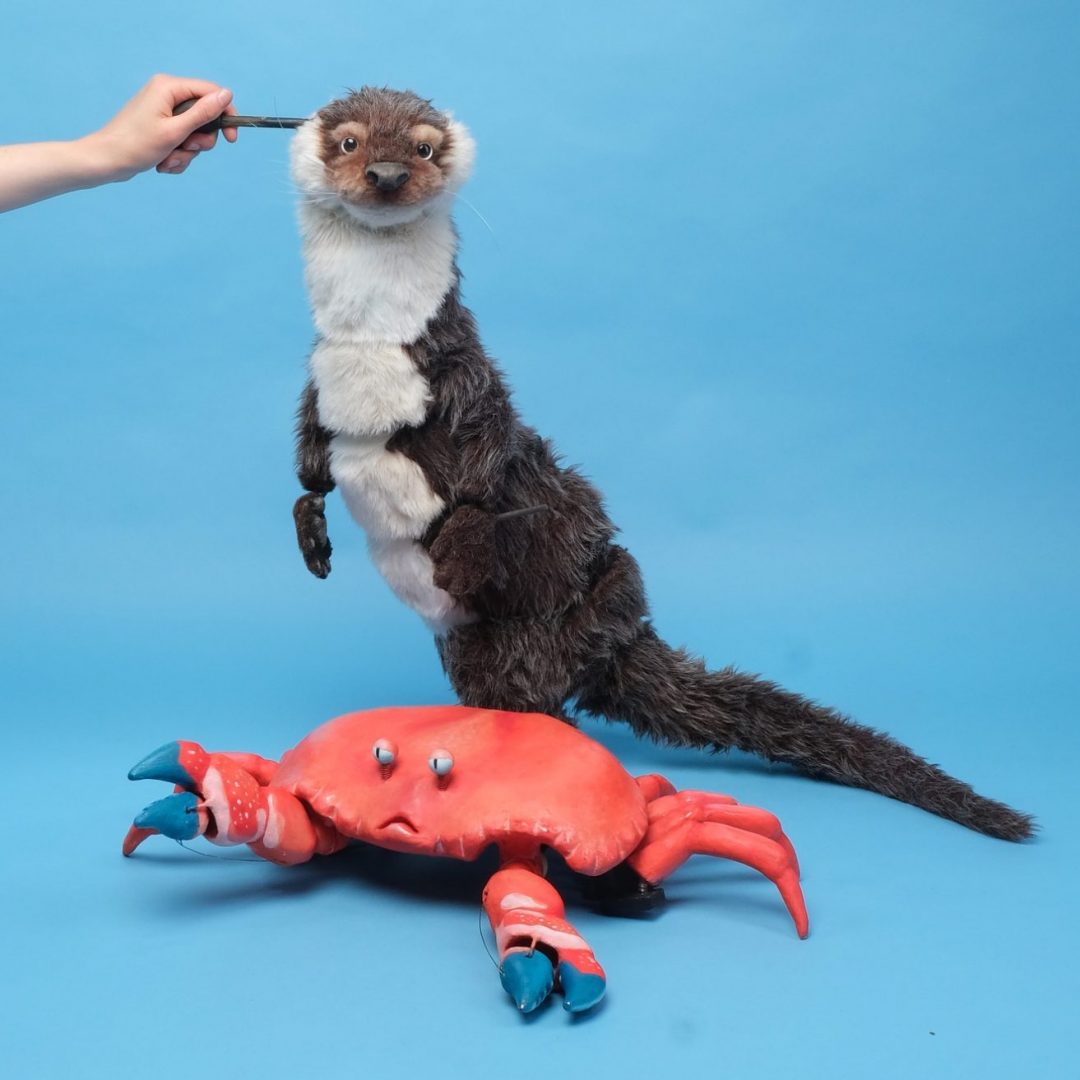 Handmade animal puppets of an otter and a crab crafted by a Scottish artist for the Pittenweem Arts Festival