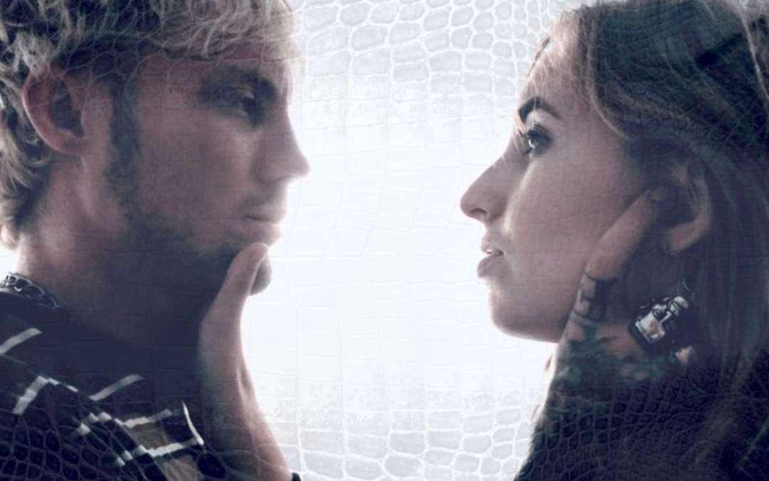 A close-up stylistic promotional image for Mercurial featuring two actors in profile facing each other against a bright background with a textured, scaly overlay.