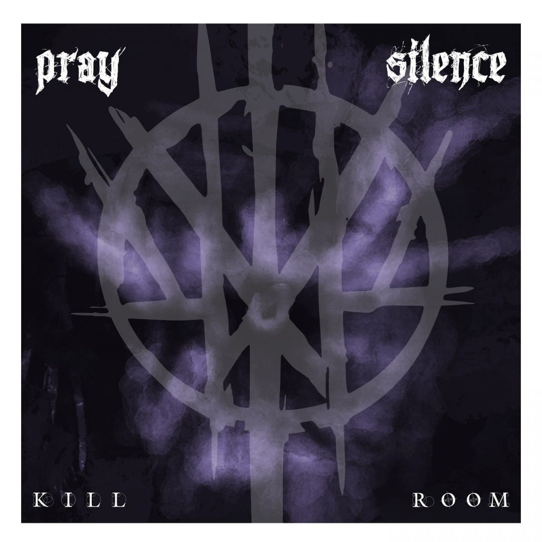 Cover artwork for Pray Silence single Kill Room featuring a spiked circular emblem and purple smoke.