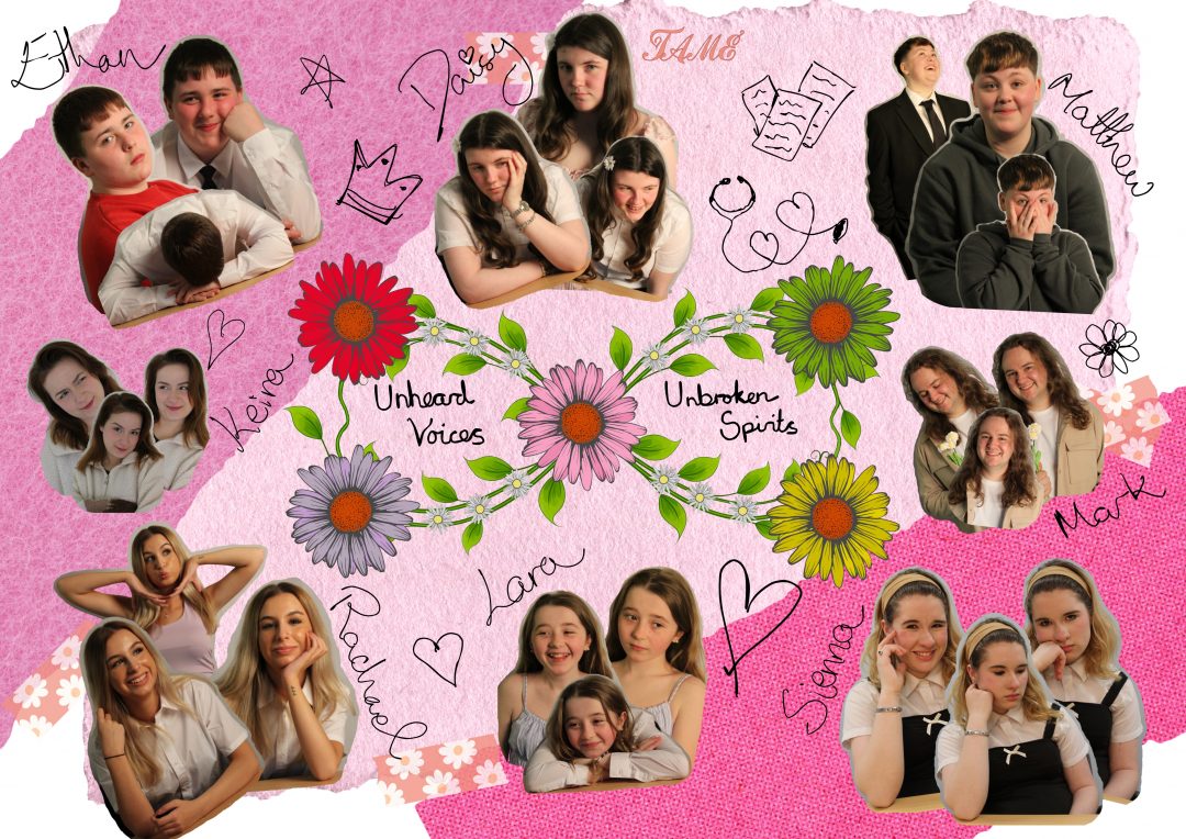 A pink scrapbook-style collage featuring portraits of various young cast members, floral decorations, handwritten names, and whimsical doodles.
