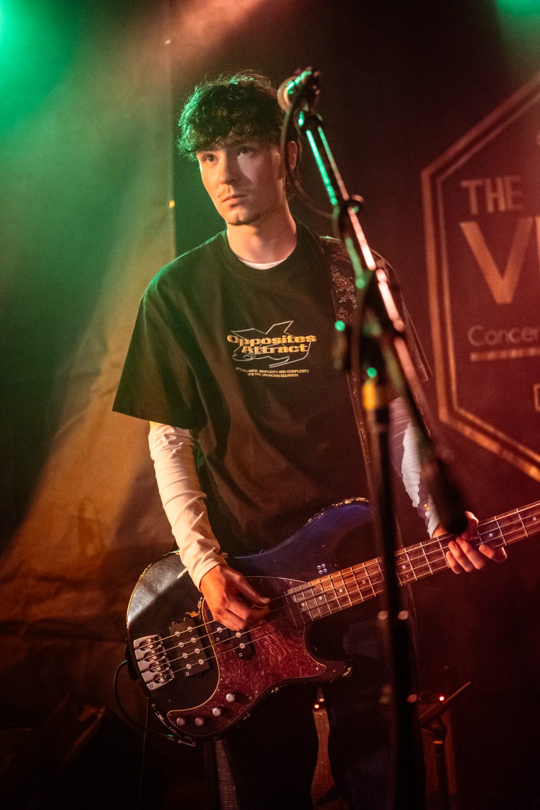Blanc bassist performing live on stage playing an electric bass guitar under green stage lighting.
